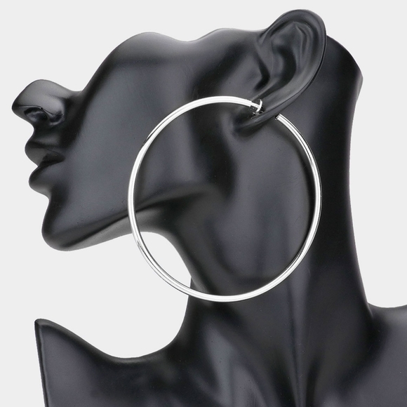 Silver Clip On Big Hoop Earrings Casual Simple 3.2 Oversized Metal - Picture 2 of 3